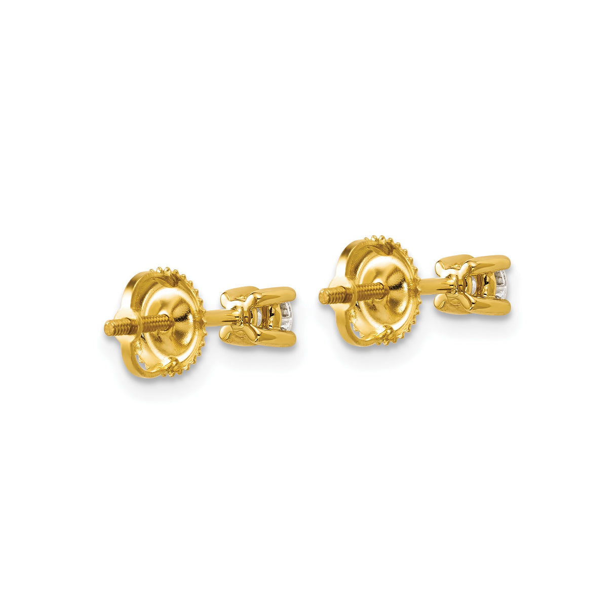 14k Yellow Gold Stud Earrings with Round Cut Clear Gemstones, Four Prong Setting, Screw Back