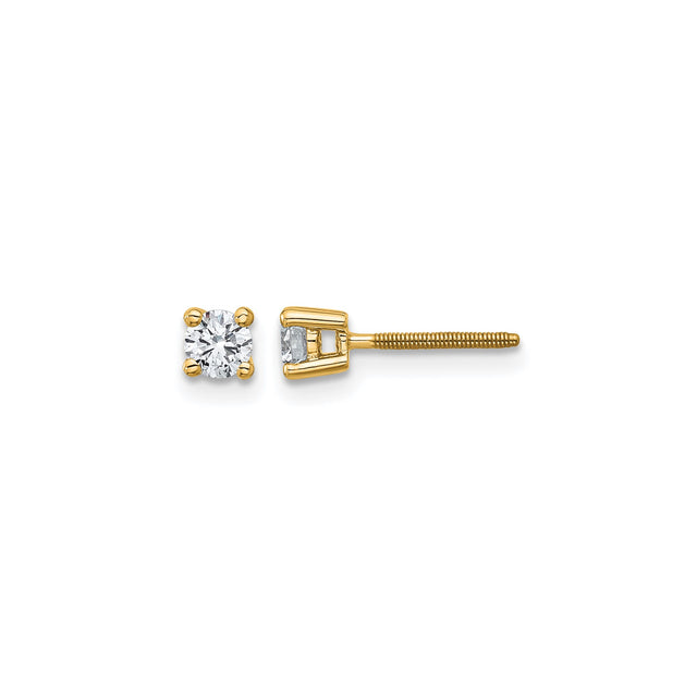 14k Yellow Gold Solitaire Stud Earrings with Clear Gemstone, Screw Back, Unisex Minimalist Design