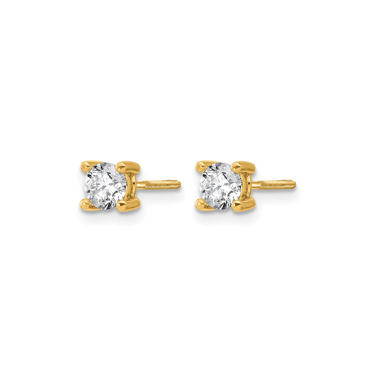 14k Yellow Gold Solitaire Stud Earrings with Round Cut White Lab Diamond, Screwback Design