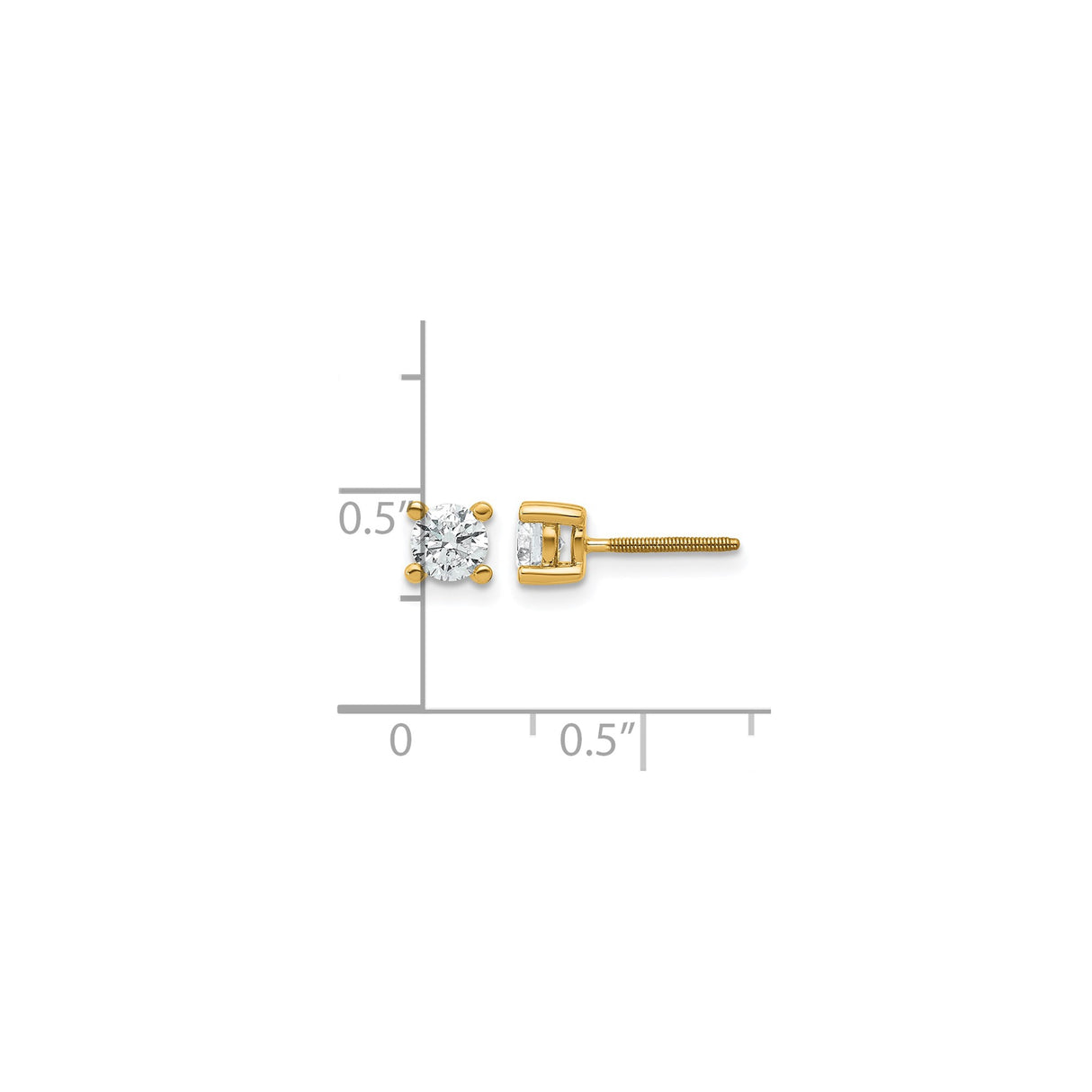 14k Yellow Gold Solitaire Stud Earrings with Round Cut White Lab Diamond, Screwback Design