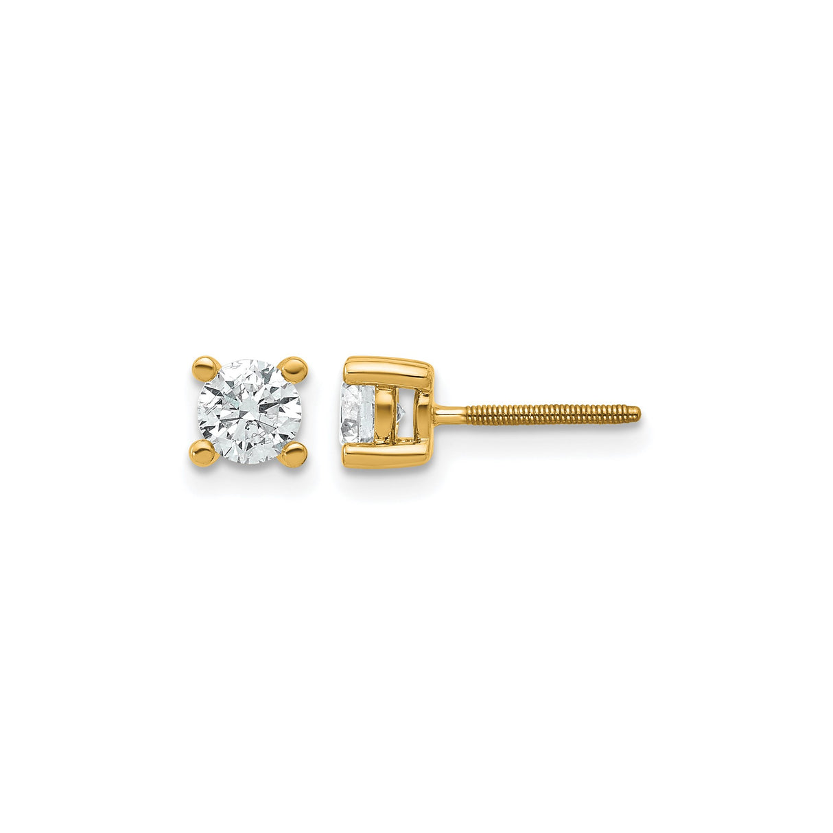 14k Yellow Gold Solitaire Stud Earrings with Round Cut White Lab Diamond, Screwback Design