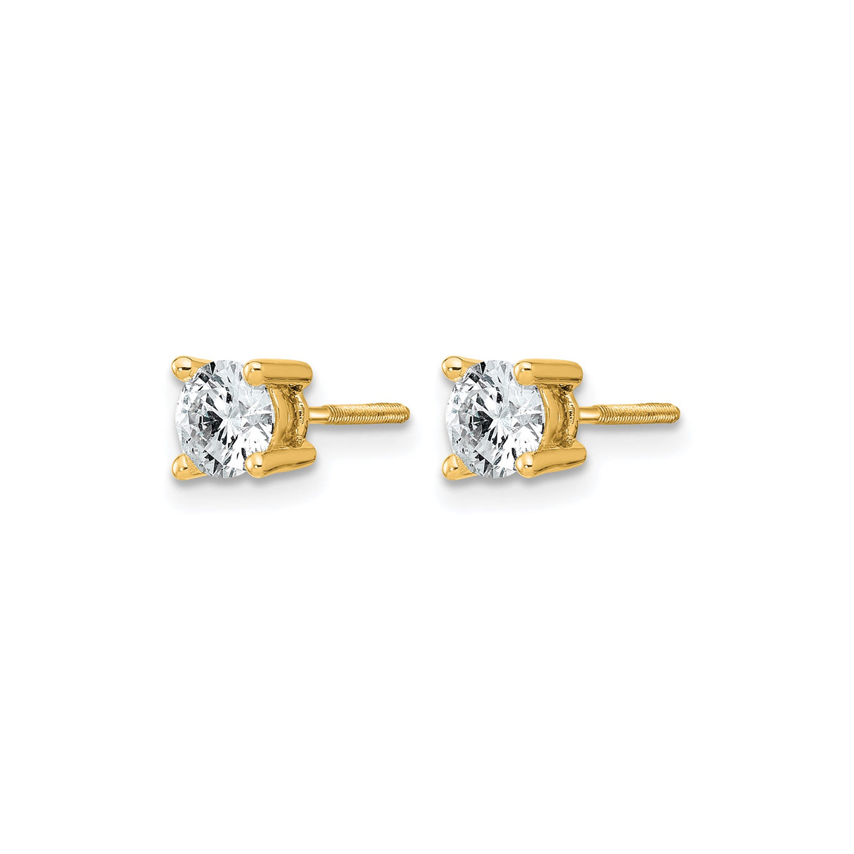 14k Yellow Gold Solitaire Stud Earrings with Round-Cut Clear Stones, Screw Back