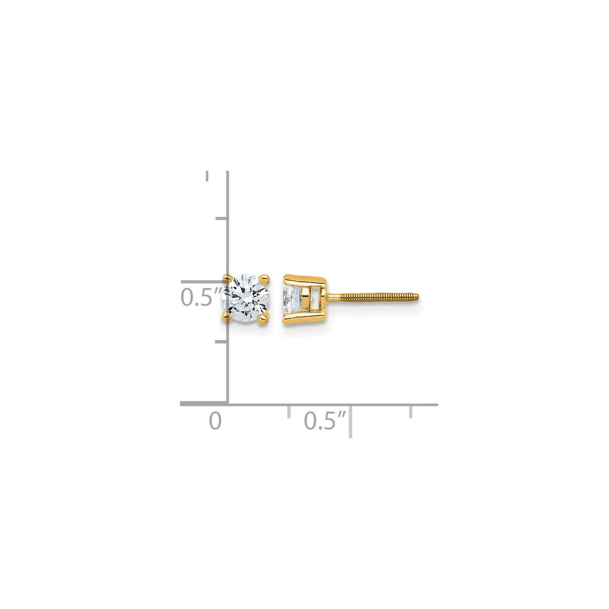 14k Yellow Gold Solitaire Stud Earrings with Round-Cut Clear Stones, Screw Back