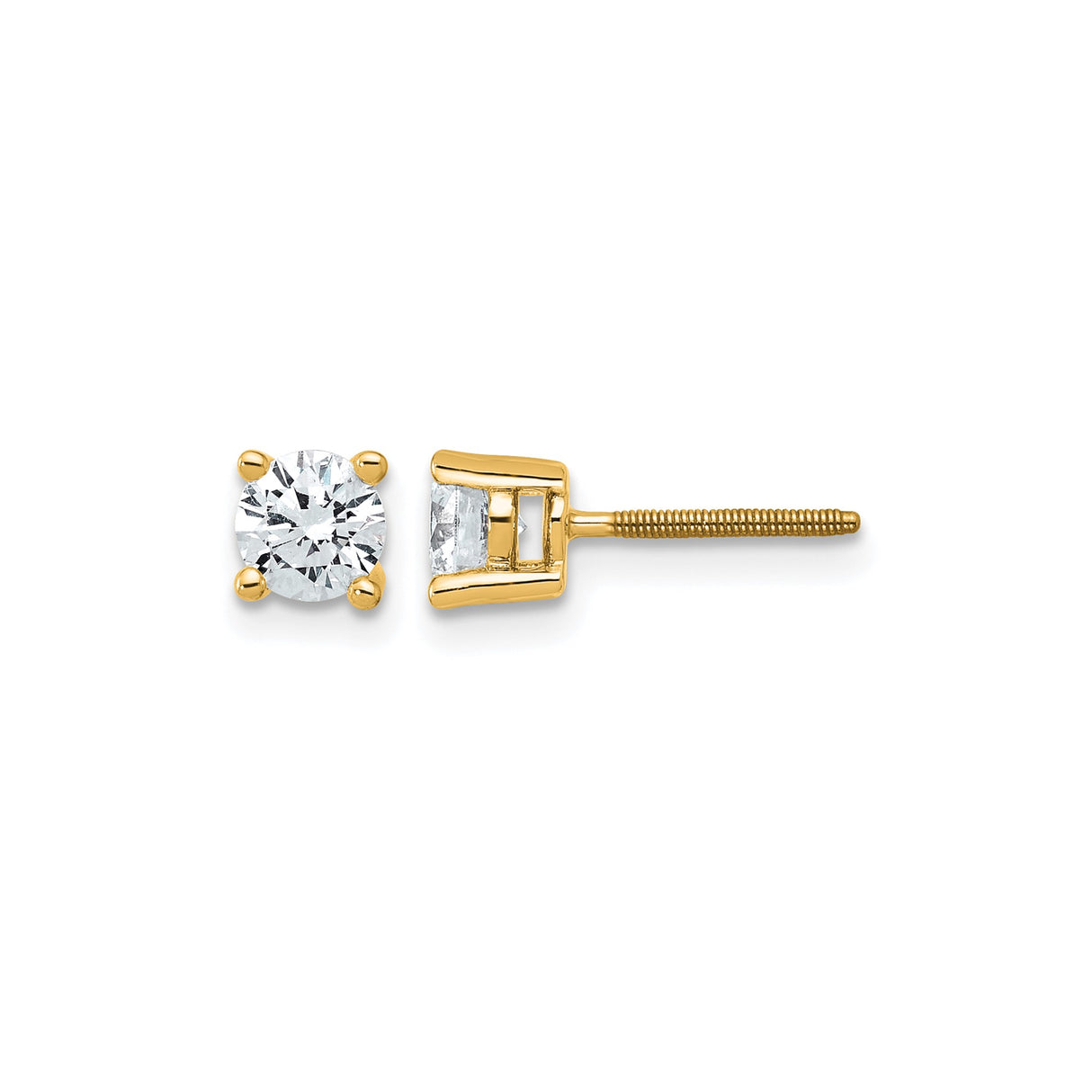 14k Yellow Gold Solitaire Stud Earrings with Round-Cut Clear Stones, Screw Back
