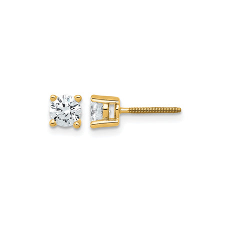 14k Yellow Gold Solitaire Stud Earrings with Round-Cut Clear Stones, Screw Back