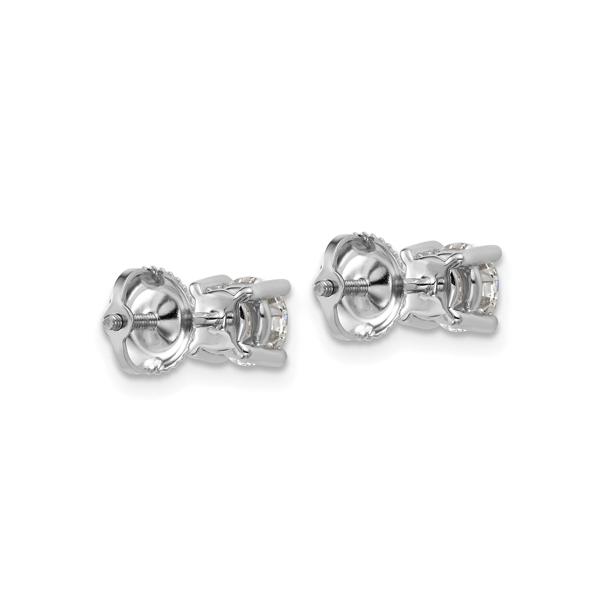 14k White Gold Diamond Stud Earrings, Round Cut Solitaire with Screw Back, Classic Four Prong Setting