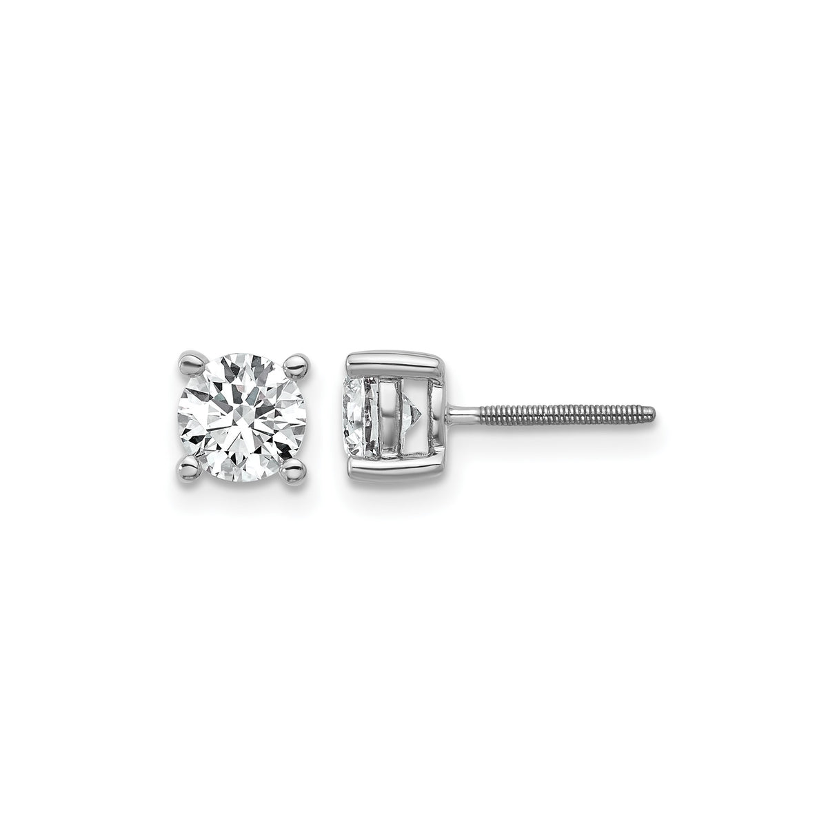 14k White Gold Diamond Stud Earrings, Round Cut Solitaire with Screw Back, Classic Four Prong Setting