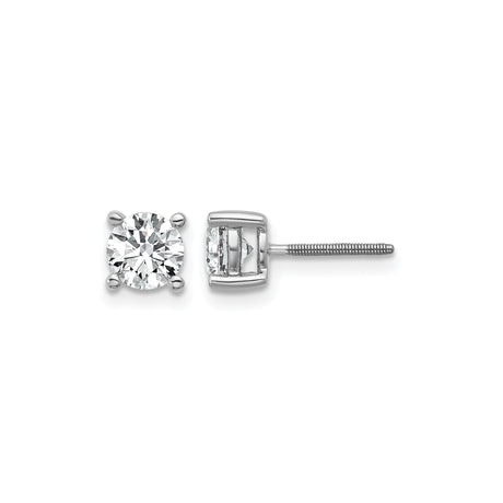 14k White Gold Diamond Stud Earrings, Round Cut Solitaire with Screw Back, Classic Four Prong Setting
