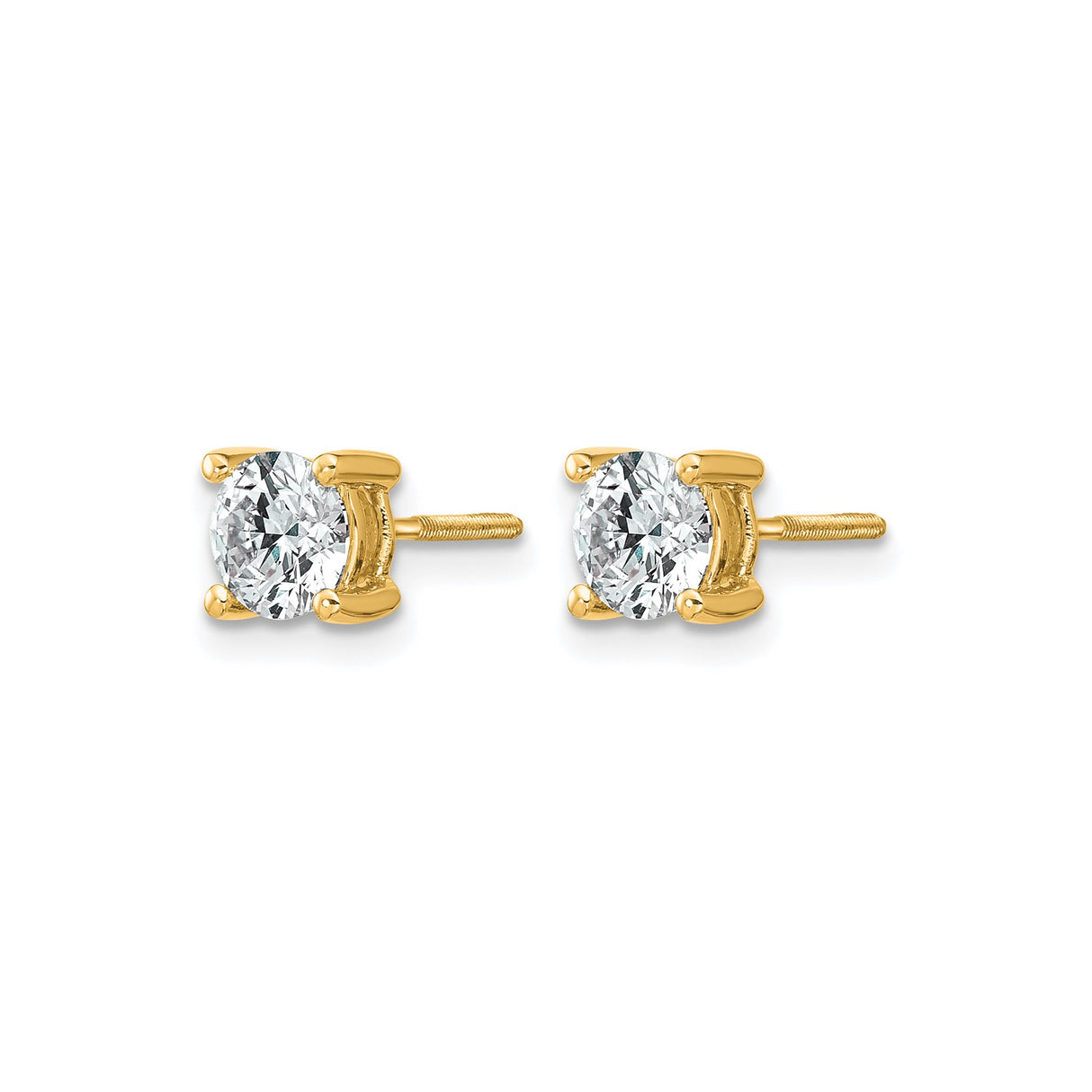 14k Yellow Gold Stud Earrings with Solitaire Cubic Zirconia, Screw-Back, Four Prong Setting