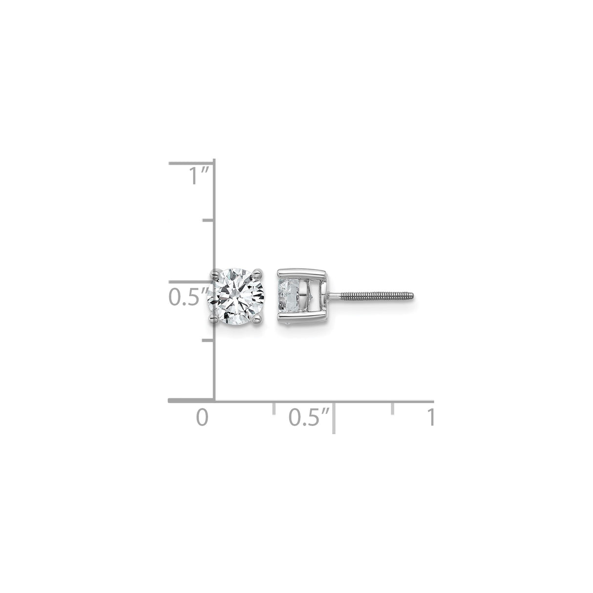 14k White Gold Diamond Stud Earrings, Round Lab Grown Solitaire, Four Prong, Screw Back