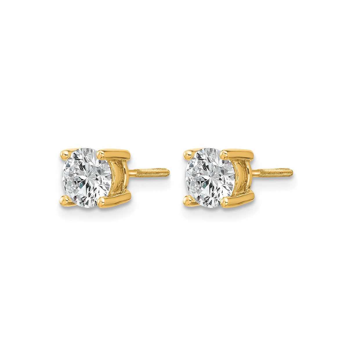14k Yellow Gold Solitaire Stud Earrings with Clear Round Gemstone, Screw Back, Unisex Design
