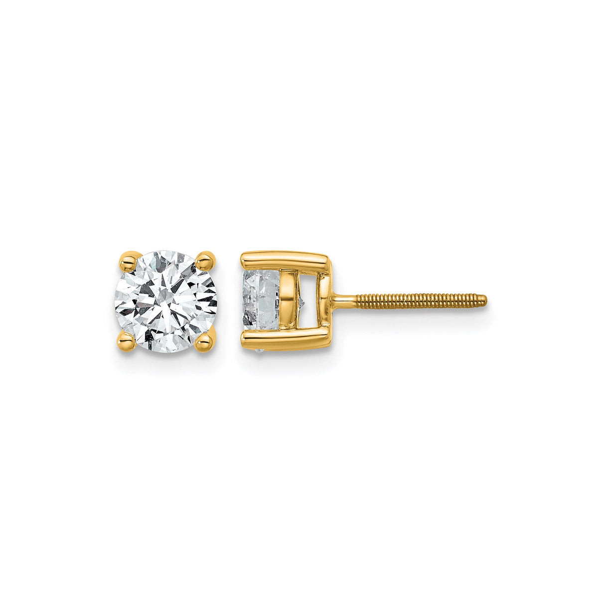 14k Yellow Gold Solitaire Stud Earrings with Clear Round Gemstone, Screw Back, Unisex Design