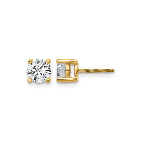 14k Yellow Gold Solitaire Stud Earrings with Clear Round Gemstone, Screw Back, Unisex Design