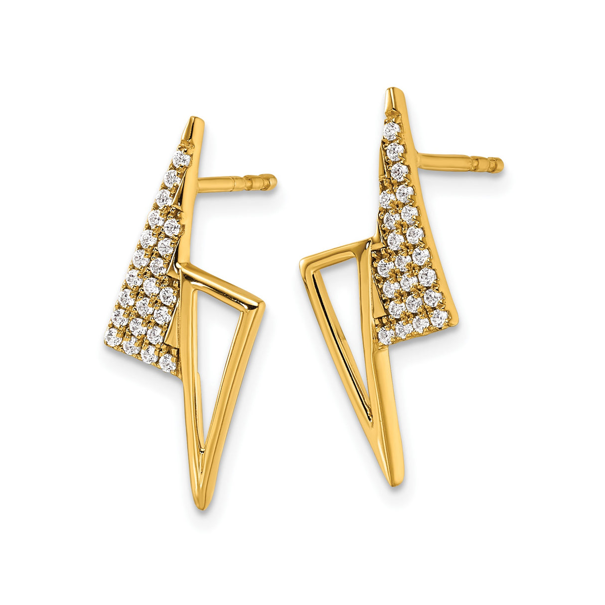14k Yellow Gold Stud Earrings with Cubic Zirconia, Triangle and Lightning Bolt Design, Minimalist Style