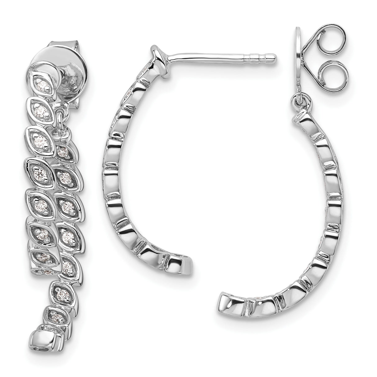 14k White Gold Hoop Earrings with Diamond Accents and Textured Marquise Leaf Design