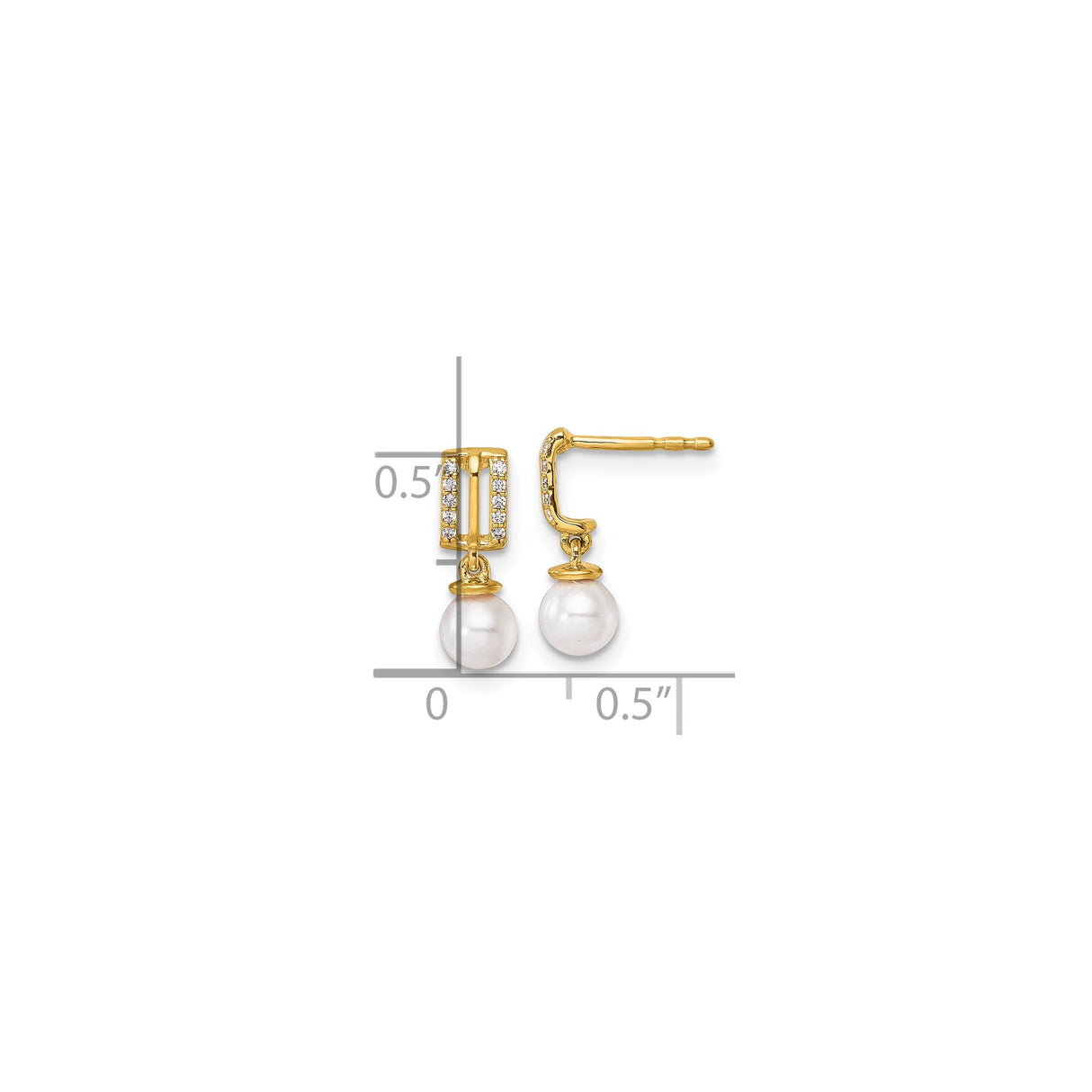 14k Yellow Gold Dangle Earrings with White Pearl Drop and Diamond Accents, Rectangle Design