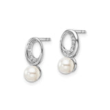 14k White Gold Earrings with Cultured Pearls and Diamond Accent, Open Oval Design Studs
