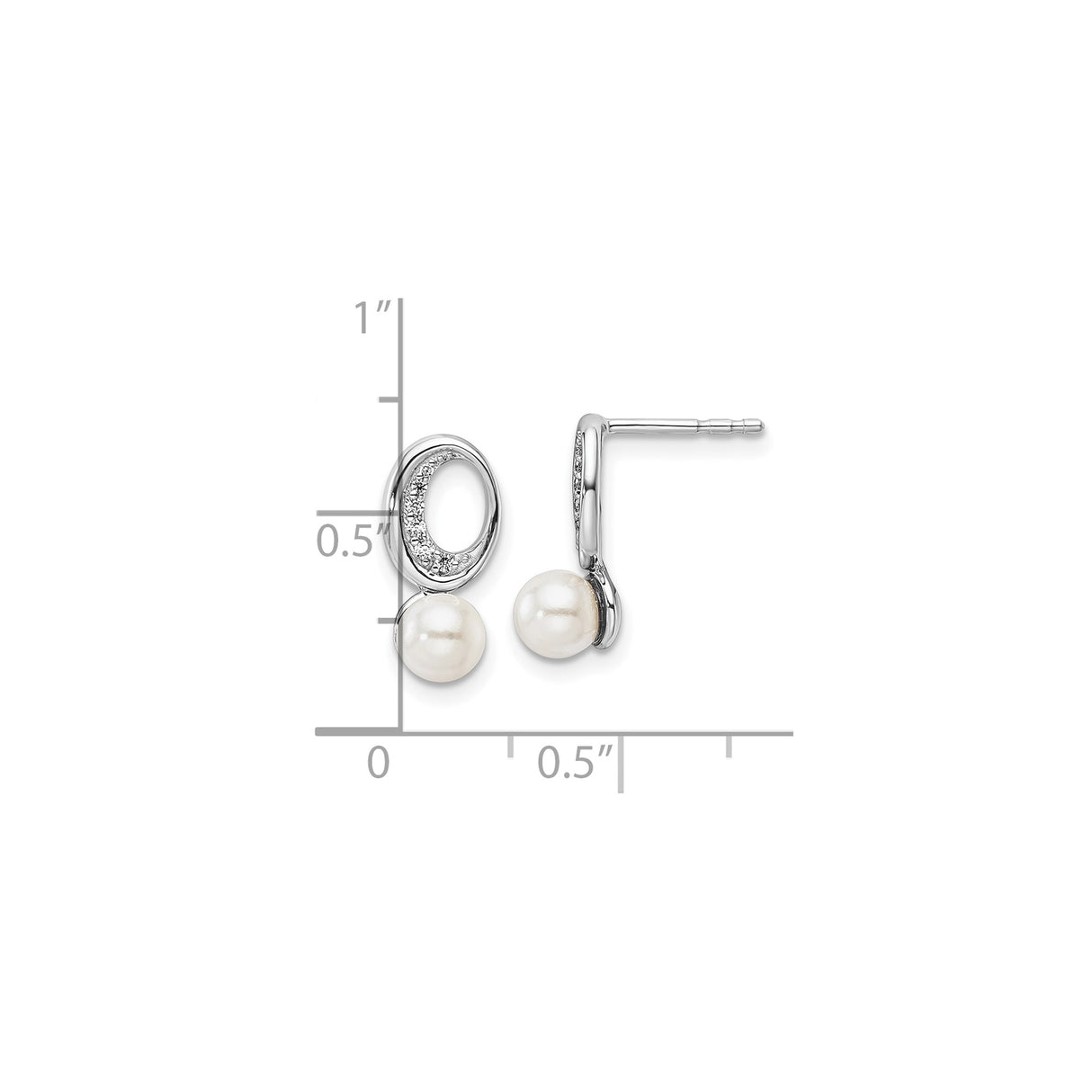 14k White Gold Earrings with Cultured Pearls and Diamond Accent, Open Oval Design Studs