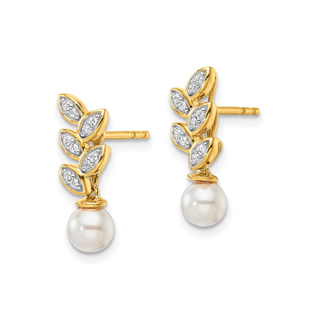 14k Yellow Gold Stud Earrings with White Pearl Drops and Marquise Diamond Accents, Leaf Design