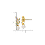 14k Yellow Gold Stud Earrings with White Pearl Drops and Marquise Diamond Accents, Leaf Design