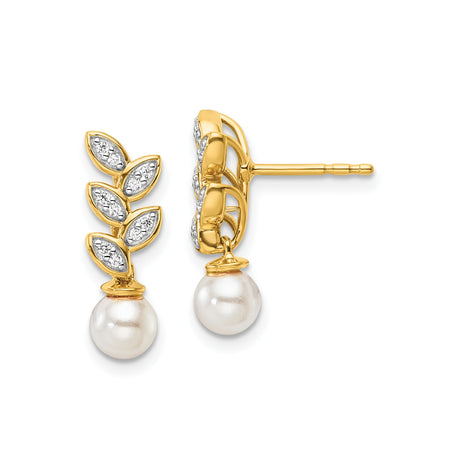 14k Yellow Gold Stud Earrings with White Pearl Drops and Marquise Diamond Accents, Leaf Design