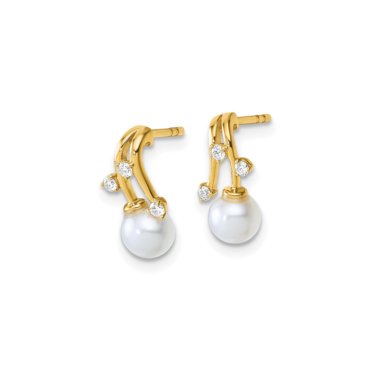 14k Yellow Gold Stud Earrings with White Cultured Pearls and Diamond Accents, Bridal Jewelry for Women