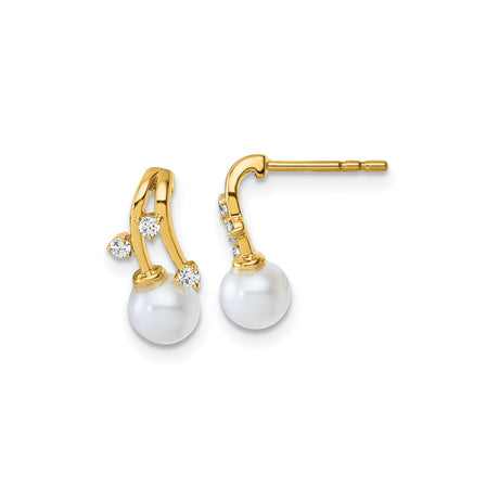 14k Yellow Gold Stud Earrings with White Cultured Pearls and Diamond Accents, Bridal Jewelry for Women