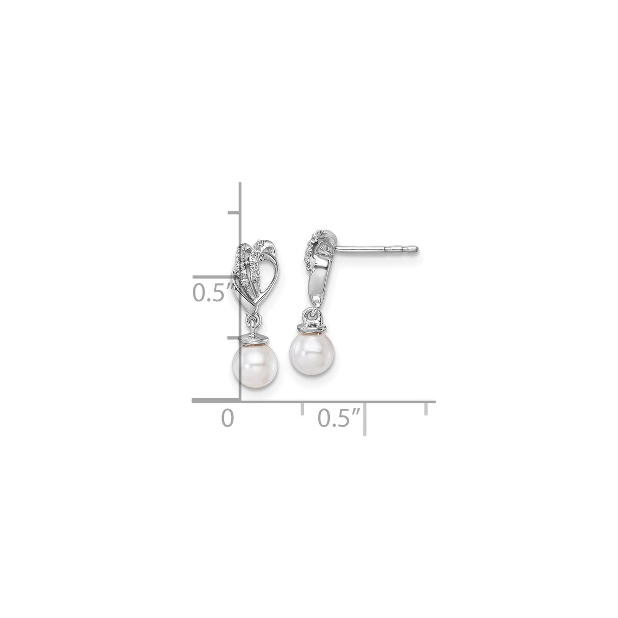 14k White Gold Drop Earrings with Cultured Pearls and Diamonds, Heart Shaped Bridal Jewelry