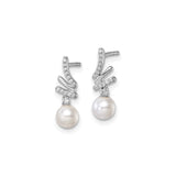 14k White Gold Drop Earrings with Cultured Freshwater Pearls and Diamonds, Modern Abstract Design