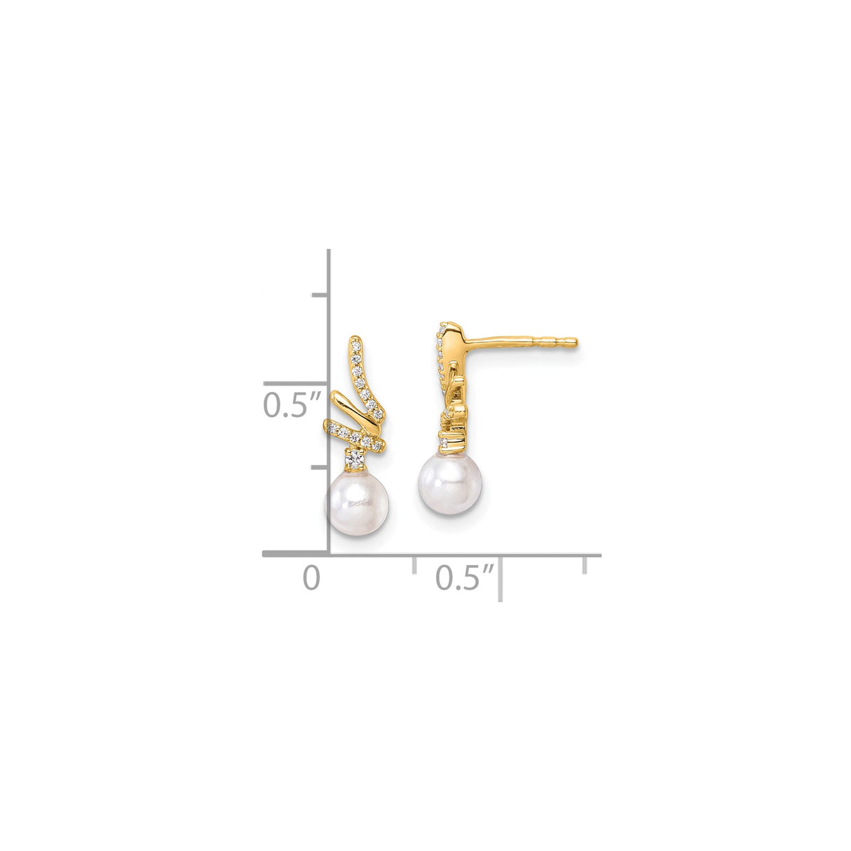 14k Yellow Gold Drop Earrings with White Cultured Pearl and Diamond Accents, Branch Design