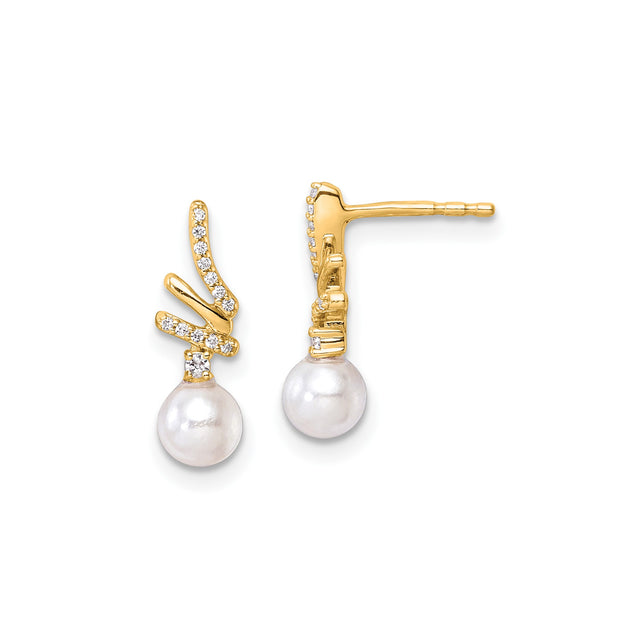 14k Yellow Gold Drop Earrings with White Cultured Pearl and Diamond Accents, Branch Design