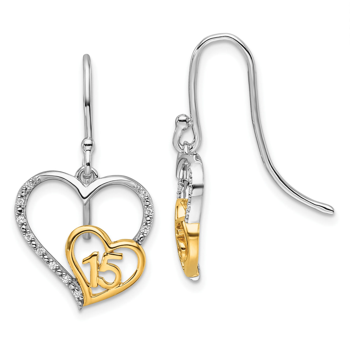 14k Two-Tone Gold Dangle Earrings with Diamond Accents, Open Heart and Number 15 Design