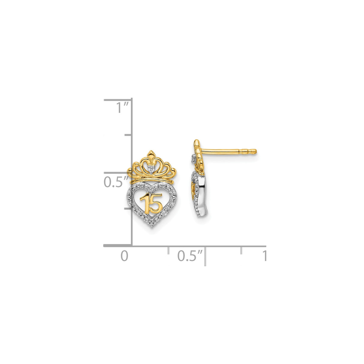 14k Yellow Gold Heart Crown Stud Earrings with Diamond and Number 15 for Quinceañera