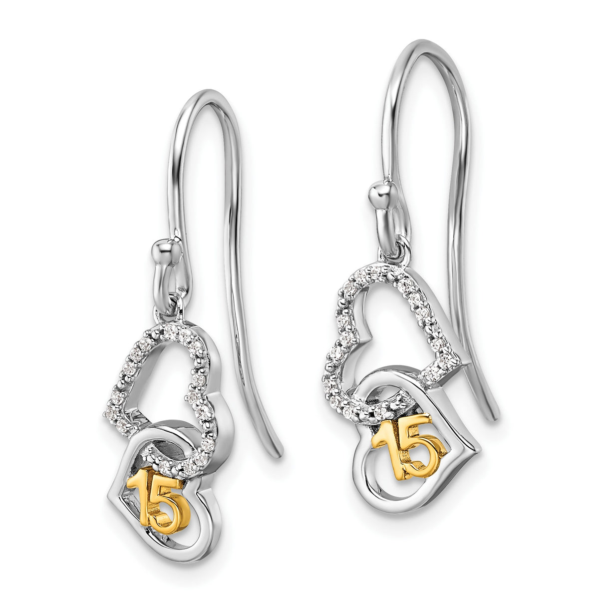 14k Two-Tone Gold Dangle Earrings with Diamond Pavé and Interlocking Hearts, Quinceañera Style