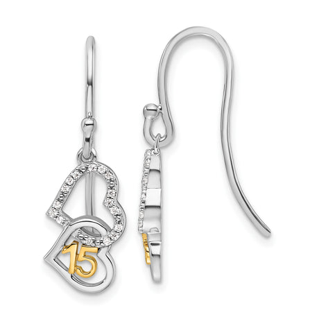 14k Two-Tone Gold Dangle Earrings with Diamond Pavé and Interlocking Hearts, Quinceañera Style