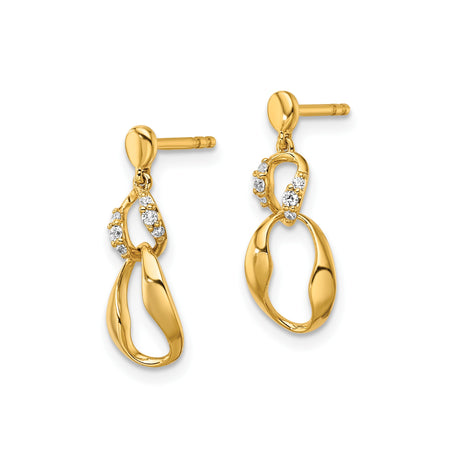 14k Yellow Gold Dangle Earrings with Diamond Accents, Twisted Teardrop Open Loop Design