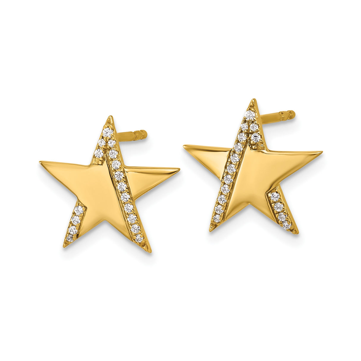14k Yellow Gold Star Stud Earrings with Diamond Accents, Asymmetrical Celestial Design