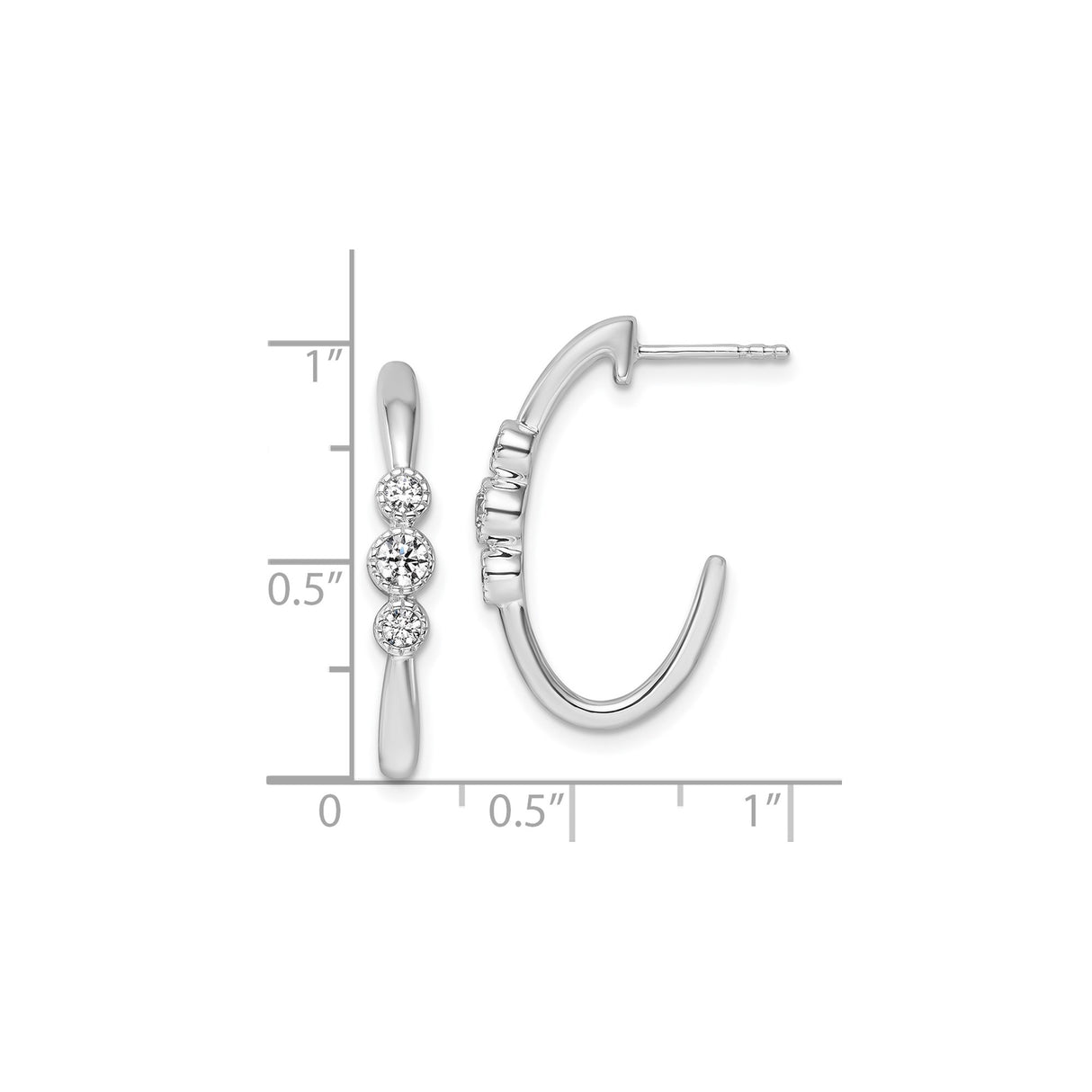 14k White Gold Hoop Earrings with Three Round Cut Diamonds, Modern Minimalist Design