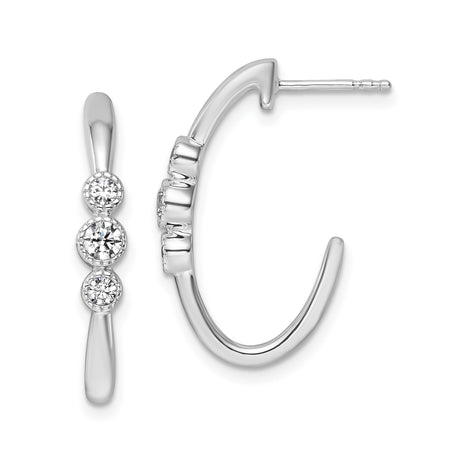 14k White Gold Hoop Earrings with Three Round Cut Diamonds, Modern Minimalist Design