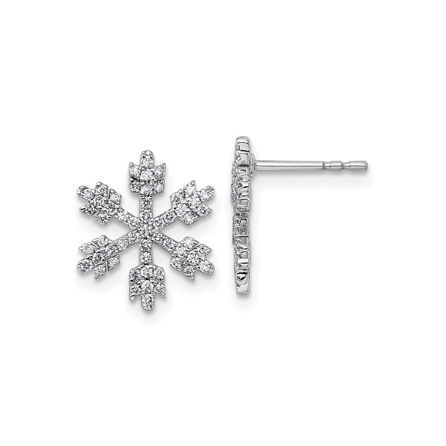 14k White Gold Snowflake Stud Earrings with Diamond Pavé, Winter Holiday Jewelry for Women