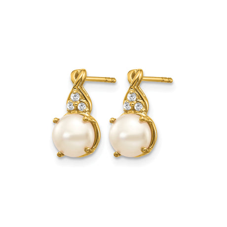 14k Yellow Gold Earrings with Cultured White Pearls and Diamond Accents, Teardrop Stud Design