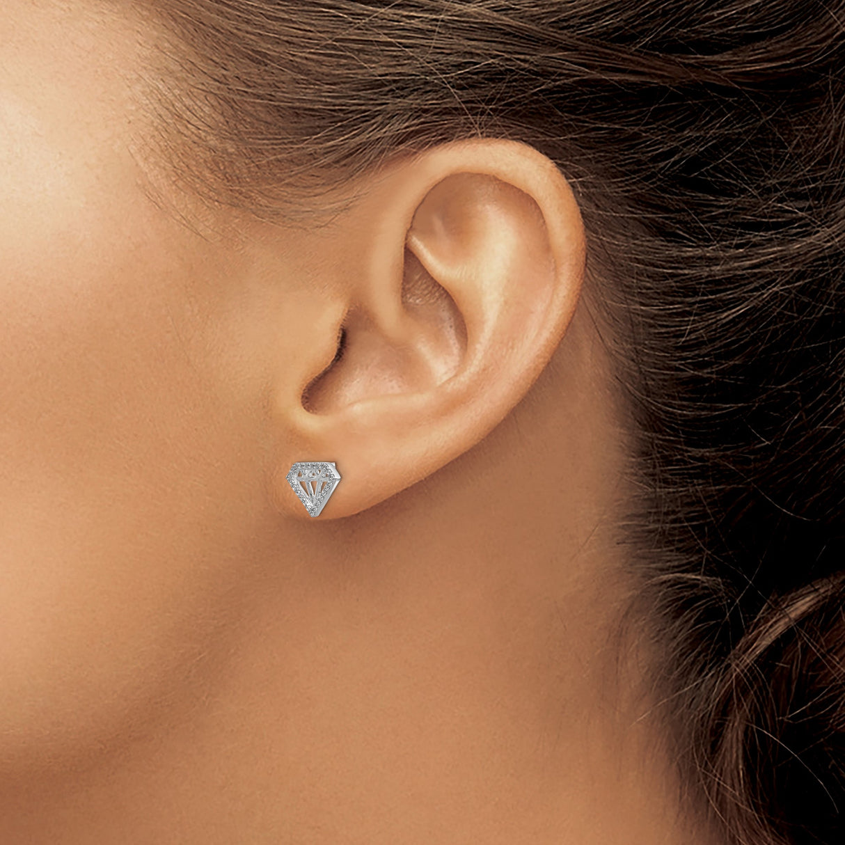 10K White Gold Diamond Shaped Stud Earrings Cubic Zirconia