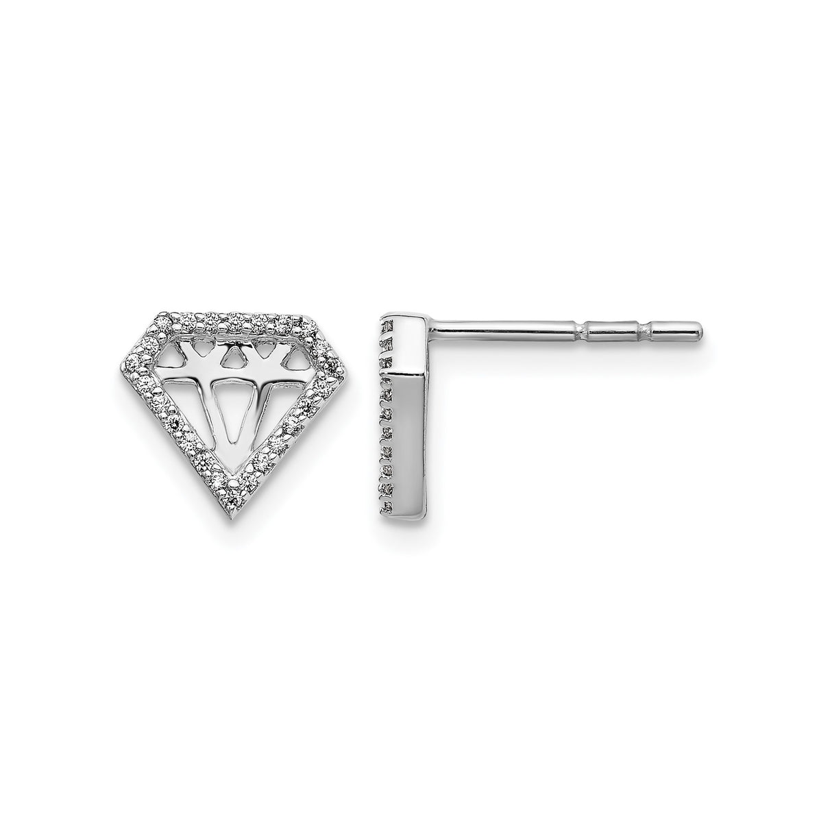 10k White Gold Diamond-Shaped Stud Earrings for Women with Openwork Geometric Design, Sparkling Cubic Zirconia, Lightweight Minimalist Fashion Jewelry, Modern Everyday Style with Polished Finish