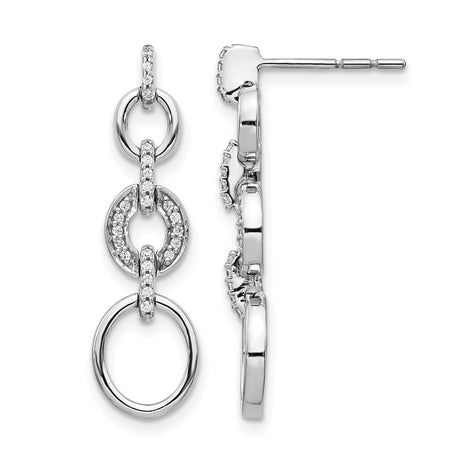 14k White Gold Dangle Earrings with Diamond, Linked Circles and Interlocking Ring Design