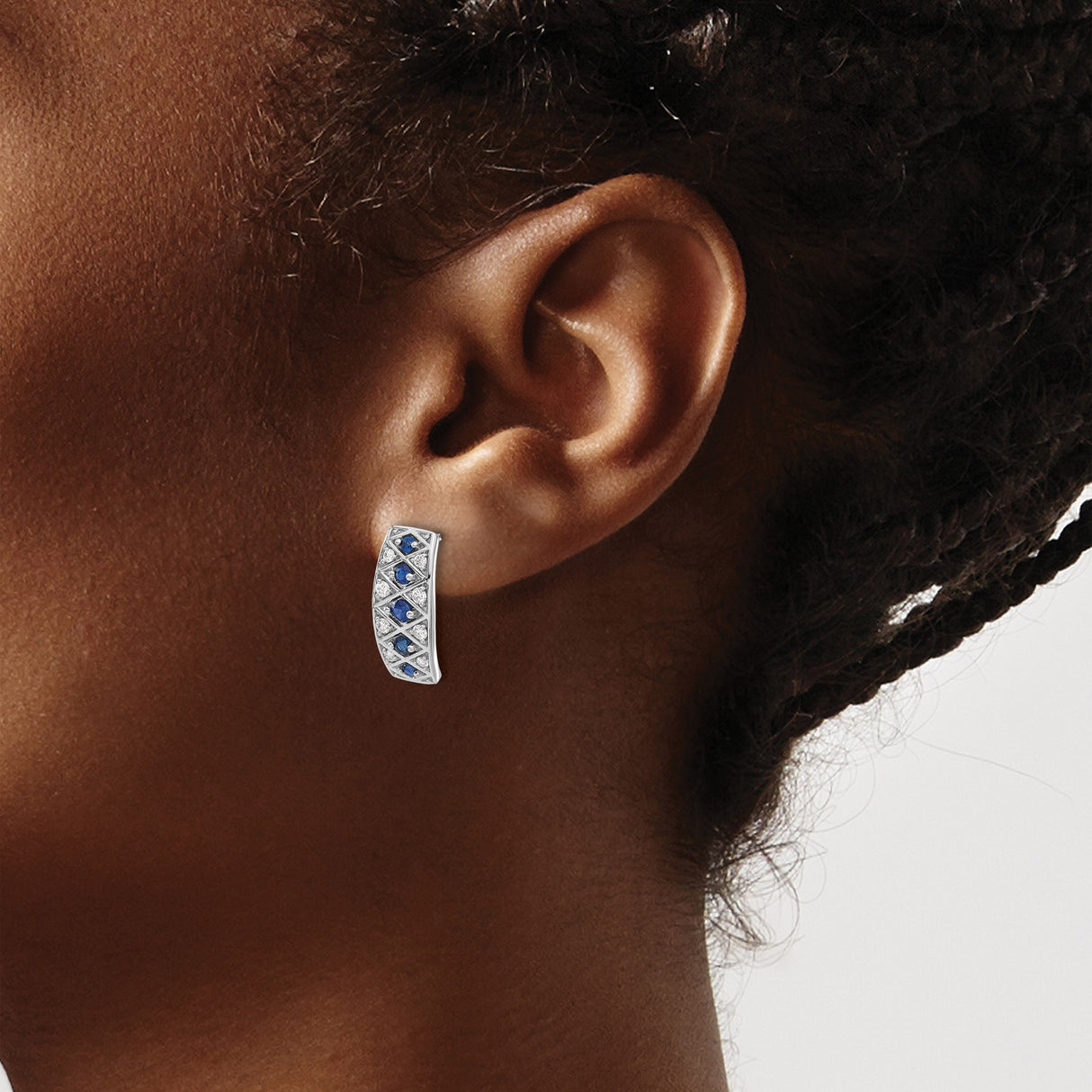 14k White Gold Hoop Earrings with Blue Sapphires and White Diamonds in Crisscross Pattern