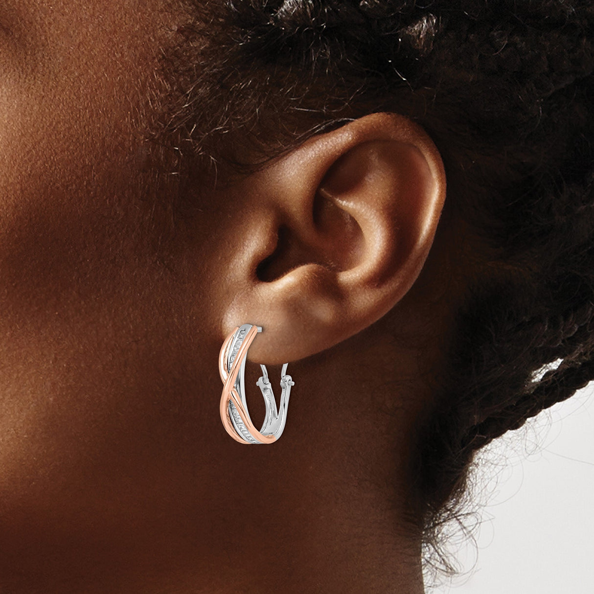 14k Two-Tone Gold Hoop Earrings with Channel-Set Baguette Diamonds, Twisted Crossover Design