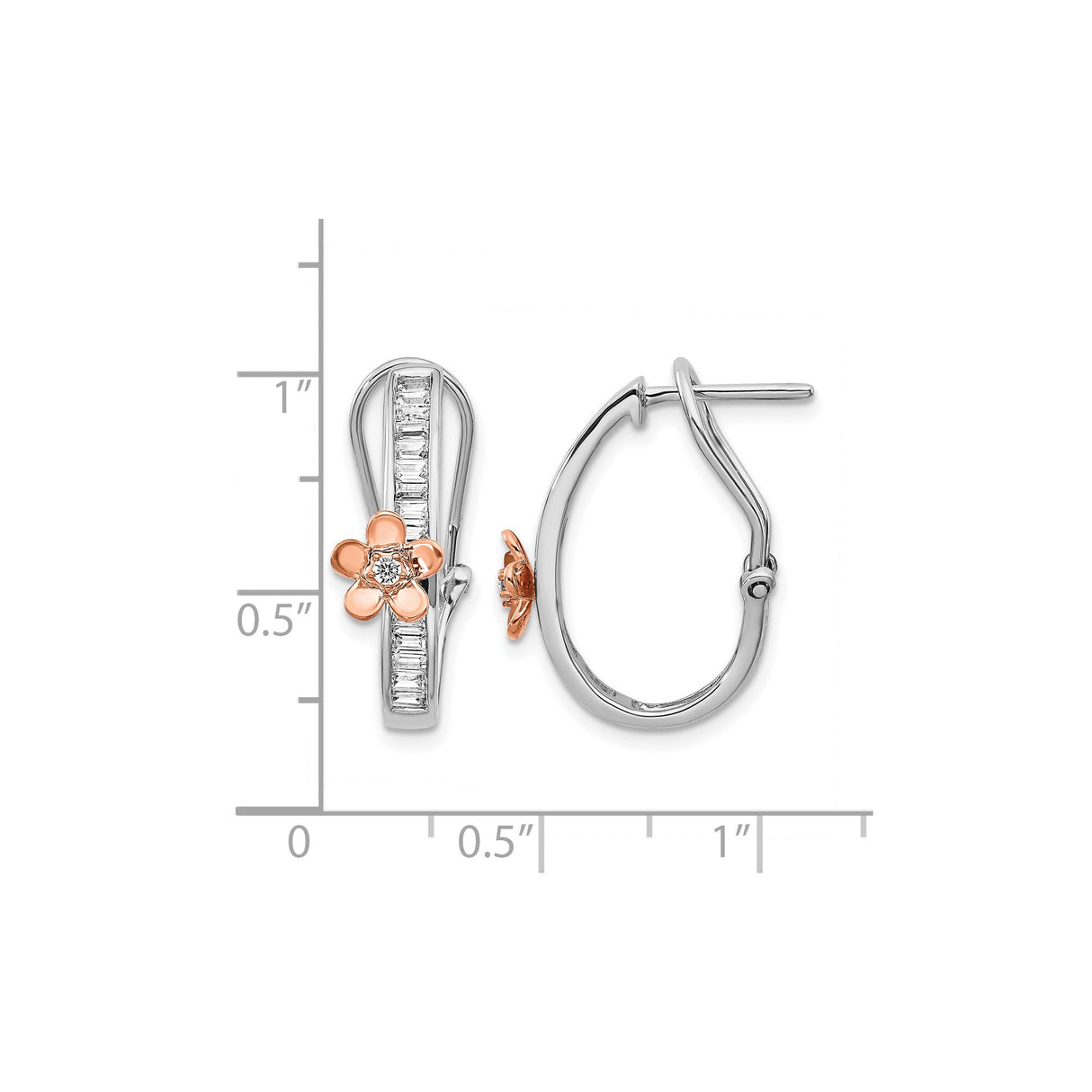 14k Two-Tone Gold Hoop Earrings with Diamond, Rose Gold Flower, Baguette Accents