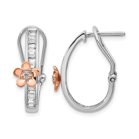 14k Two-Tone Gold Hoop Earrings with Diamond, Rose Gold Flower, Baguette Accents