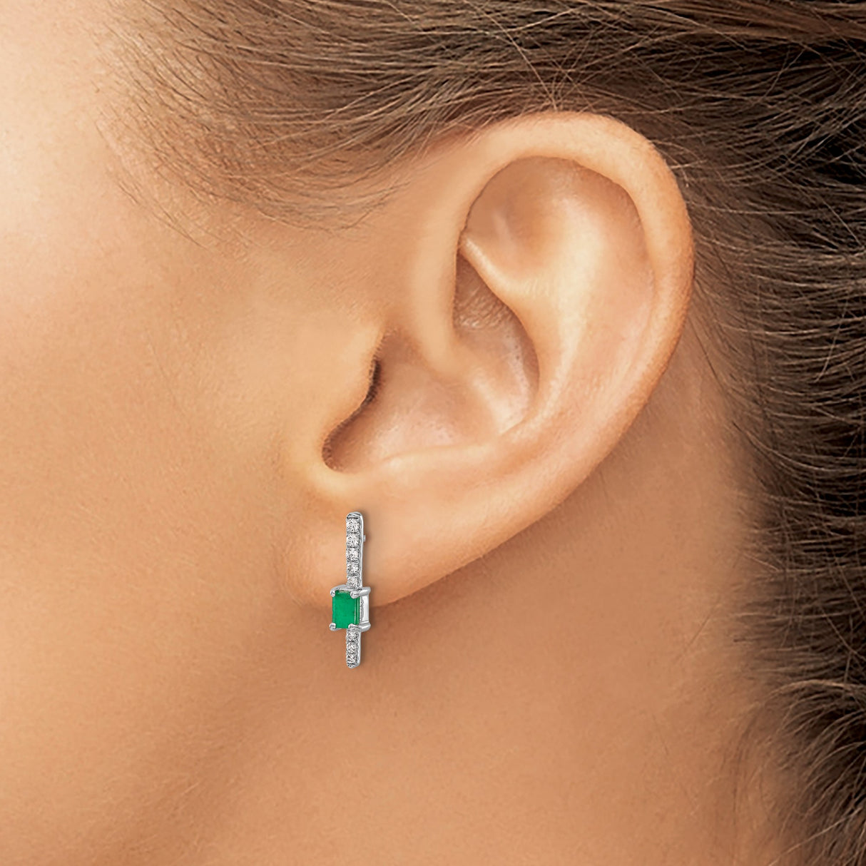 14k White Gold Emerald Stud Earrings with Diamond Accents, Vertical Design