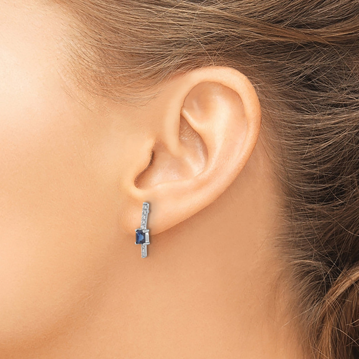 14k White Gold Bar Earrings with Sapphire and Diamond, Rectangle Drop Studs for Women